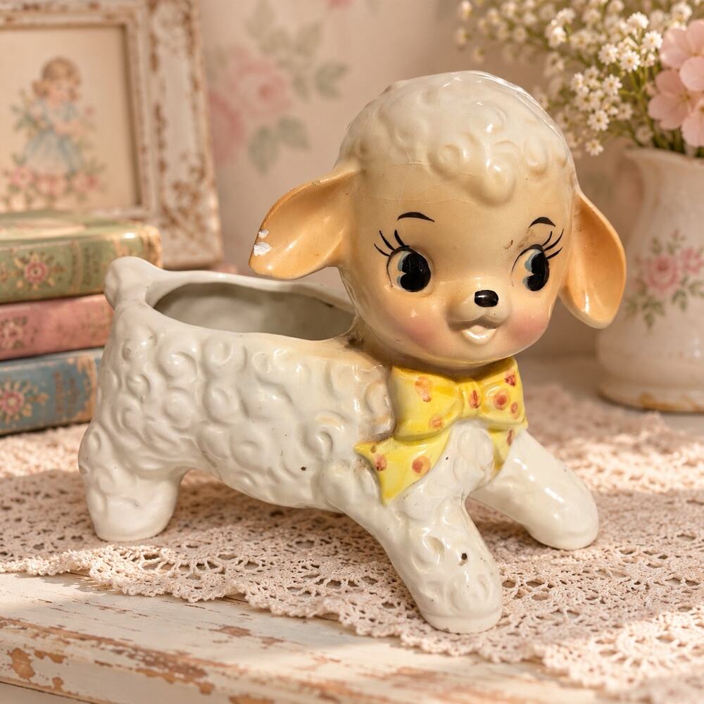 Vintage Japan Ceramic Lamb Planter NS-608 Yellow Bow Kitsch Nursery Decor